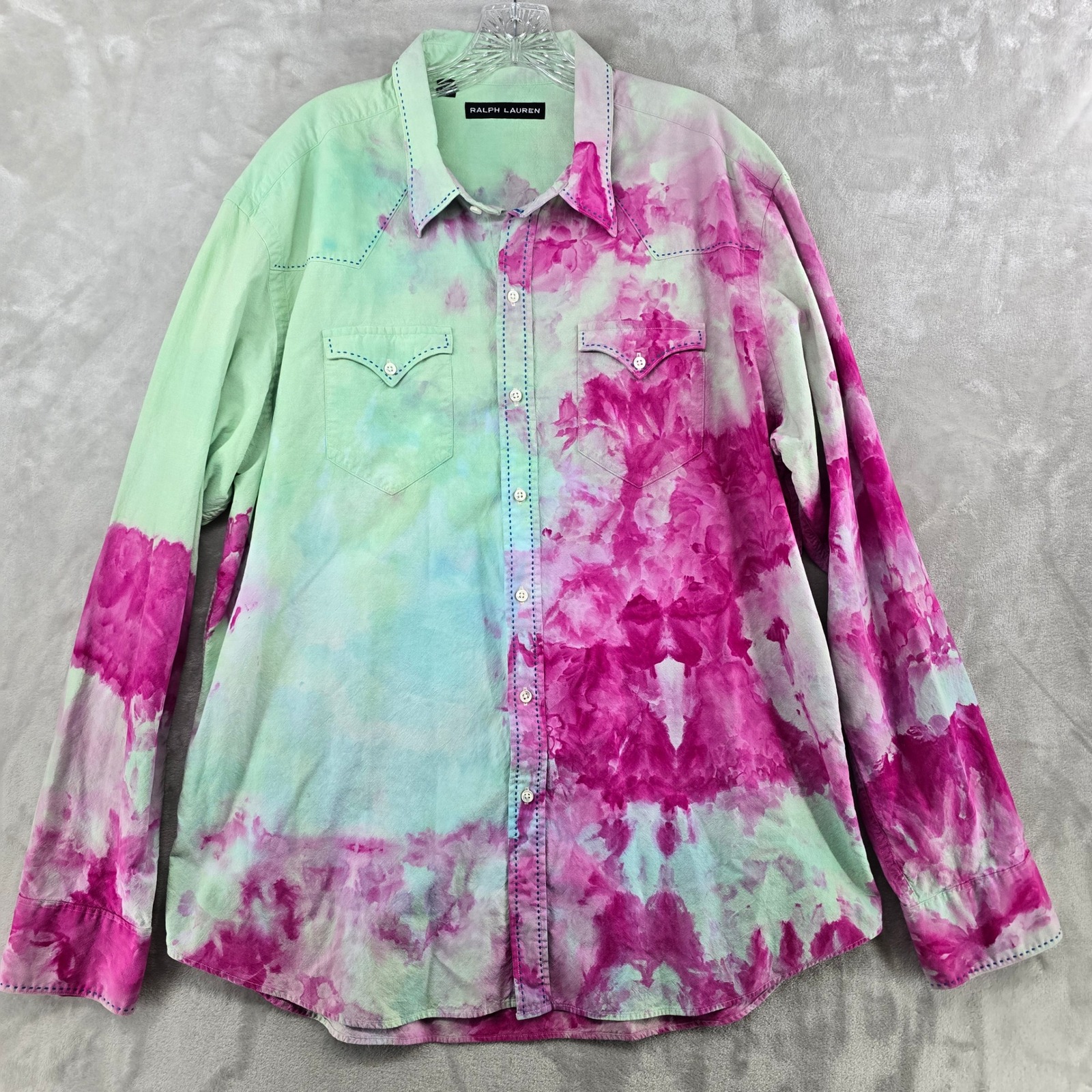 Ralph Lauren Black Label Western Shirt Mens Xxl Green Pink Tie Dye Long Sleeve